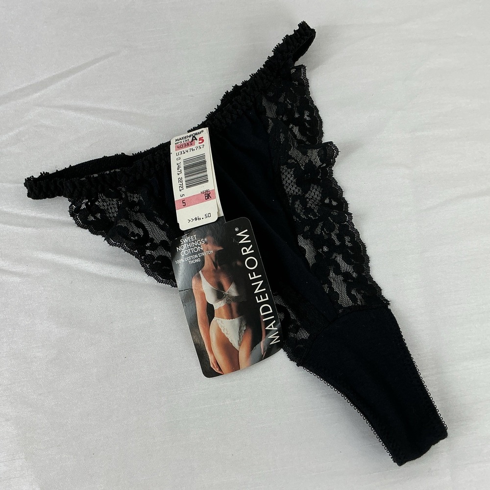 Vintage Maidenform Sweet Nothings High-Waist Thong 100% Cotton Panties Black 5